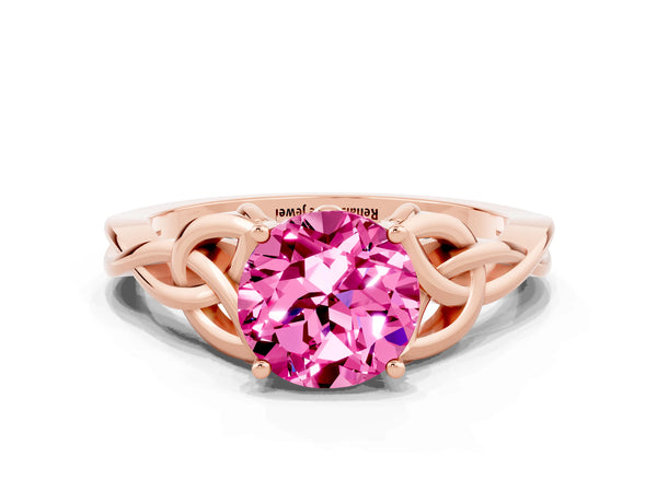 Rose gold Round Cut Pink Sapphire Solitaire Celtic Knot Ring with Four-Prong Setting