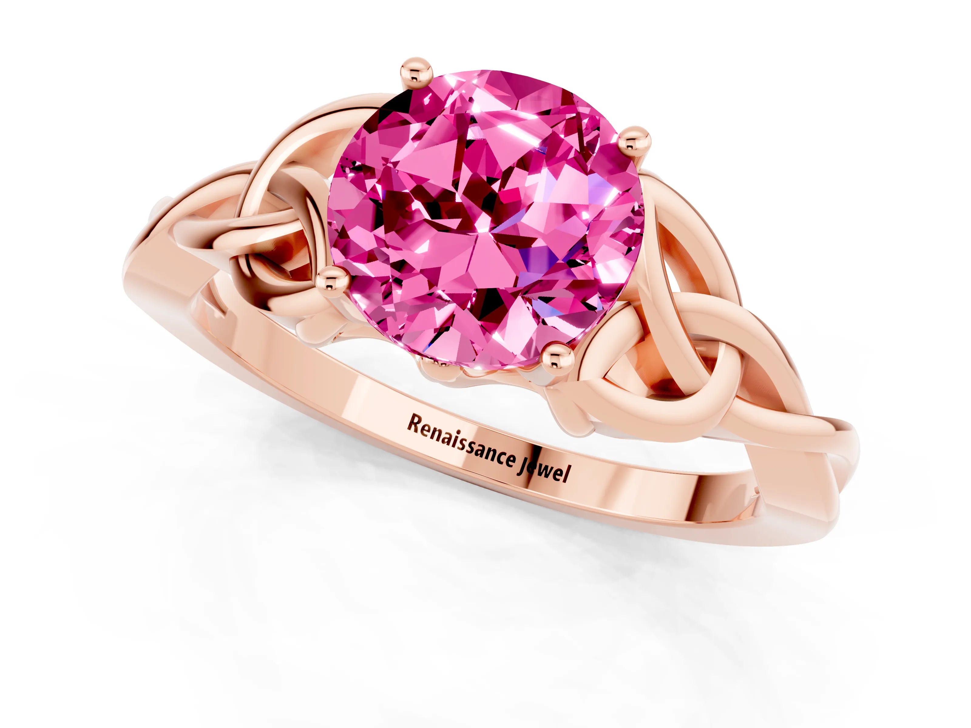 Rose gold Round Cut Pink Sapphire Solitaire Celtic Knot Ring with Four-Prong Setting_37