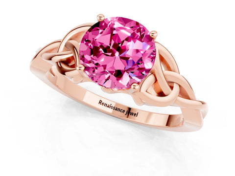 Rose gold Round Cut Pink Sapphire Solitaire Celtic Knot Ring with Four-Prong Setting_37