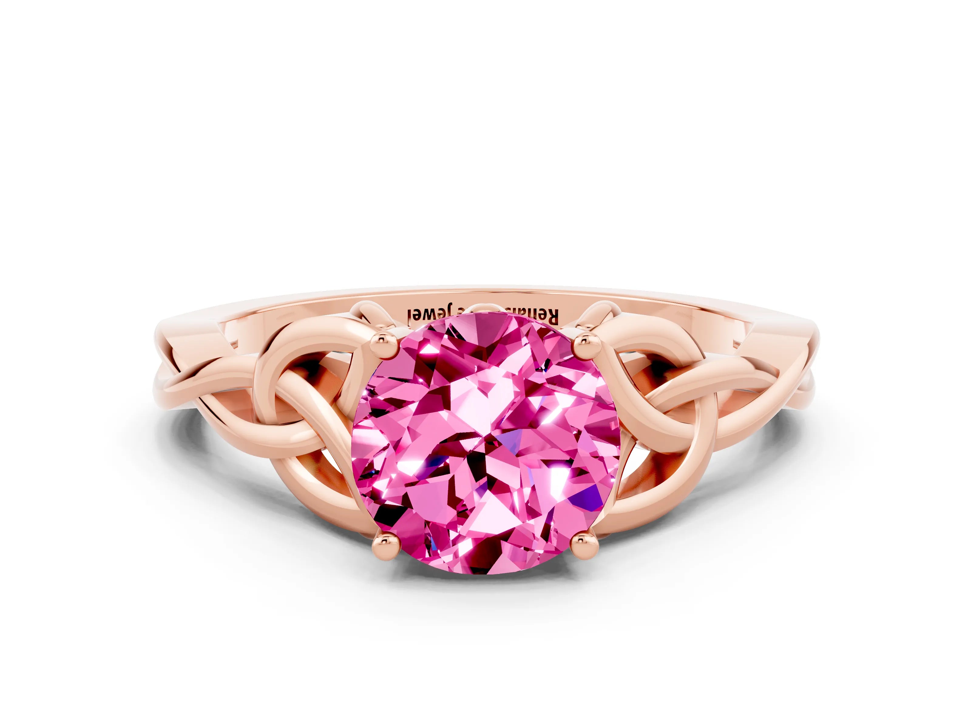 Rose gold Round Cut Pink Sapphire Solitaire Engagement Ring with Celtic Knot Band and Four-Prong Setting_24