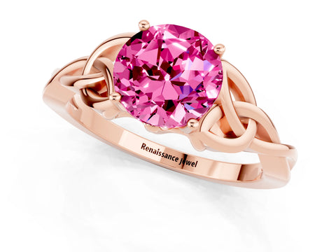 Rose gold Round Cut Pink Sapphire Solitaire Engagement Ring with Celtic Knot Band and Four-Prong Setting_25