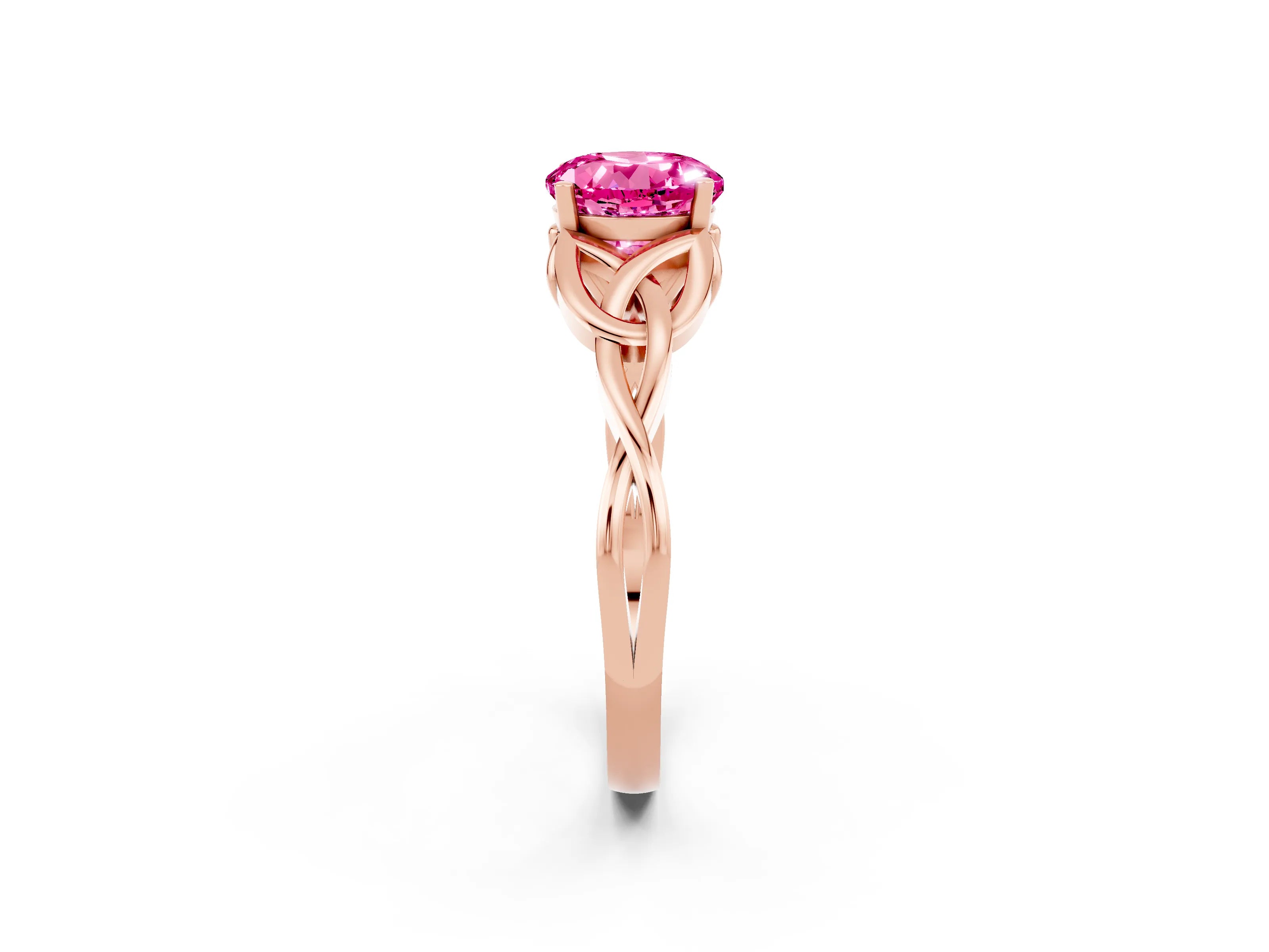 Rose gold Round Cut Pink Sapphire Solitaire Engagement Ring with Celtic Knot Band and Four-Prong Setting_26