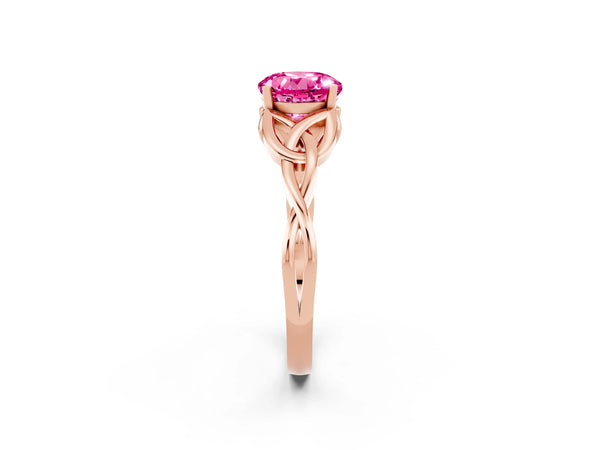 Rose gold Round Cut Pink Sapphire Solitaire Engagement Ring with Celtic Knot Band and Four-Prong Setting