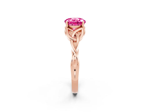 Rose gold Round Cut Pink Sapphire Solitaire Engagement Ring with Celtic Knot Band and Four-Prong Setting_26