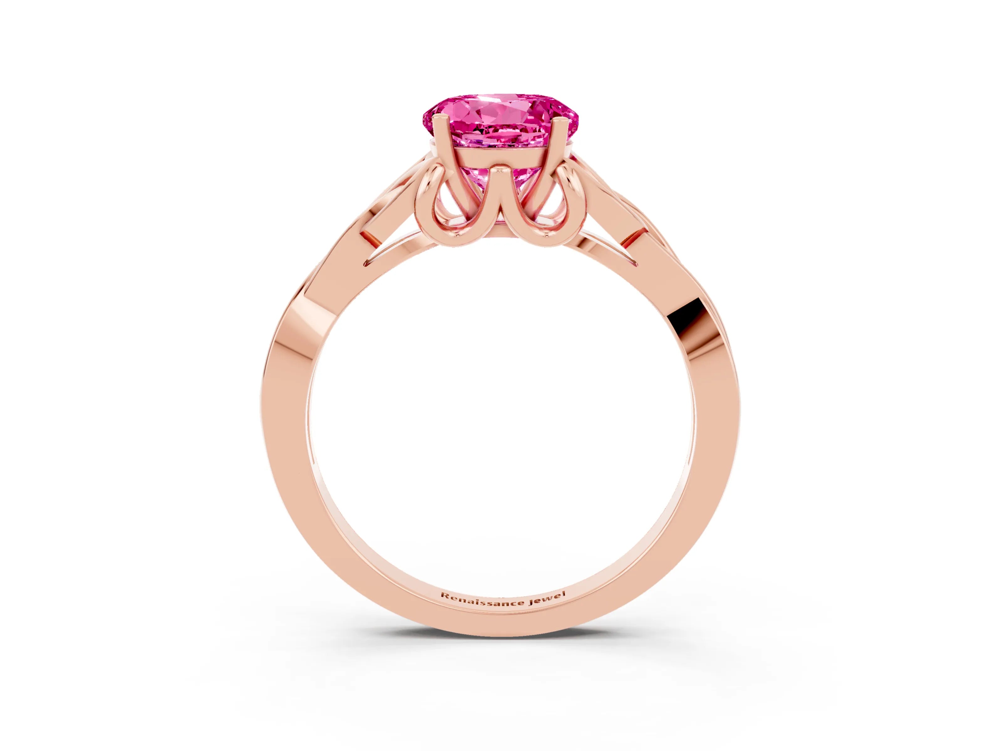 Rose gold Round Cut Pink Sapphire Solitaire Engagement Ring with Celtic Knot Band and Four-Prong Setting_27
