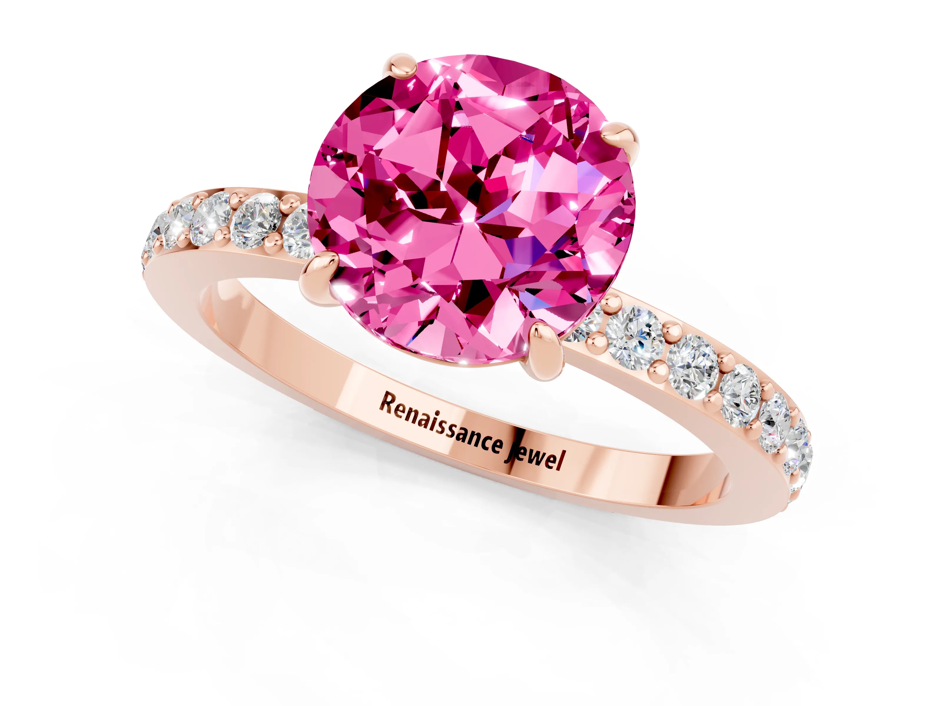 Rose gold Round Cut Pink Sapphire Solitaire Engagement Ring with Pavé Band and Four-Prong Setting_25