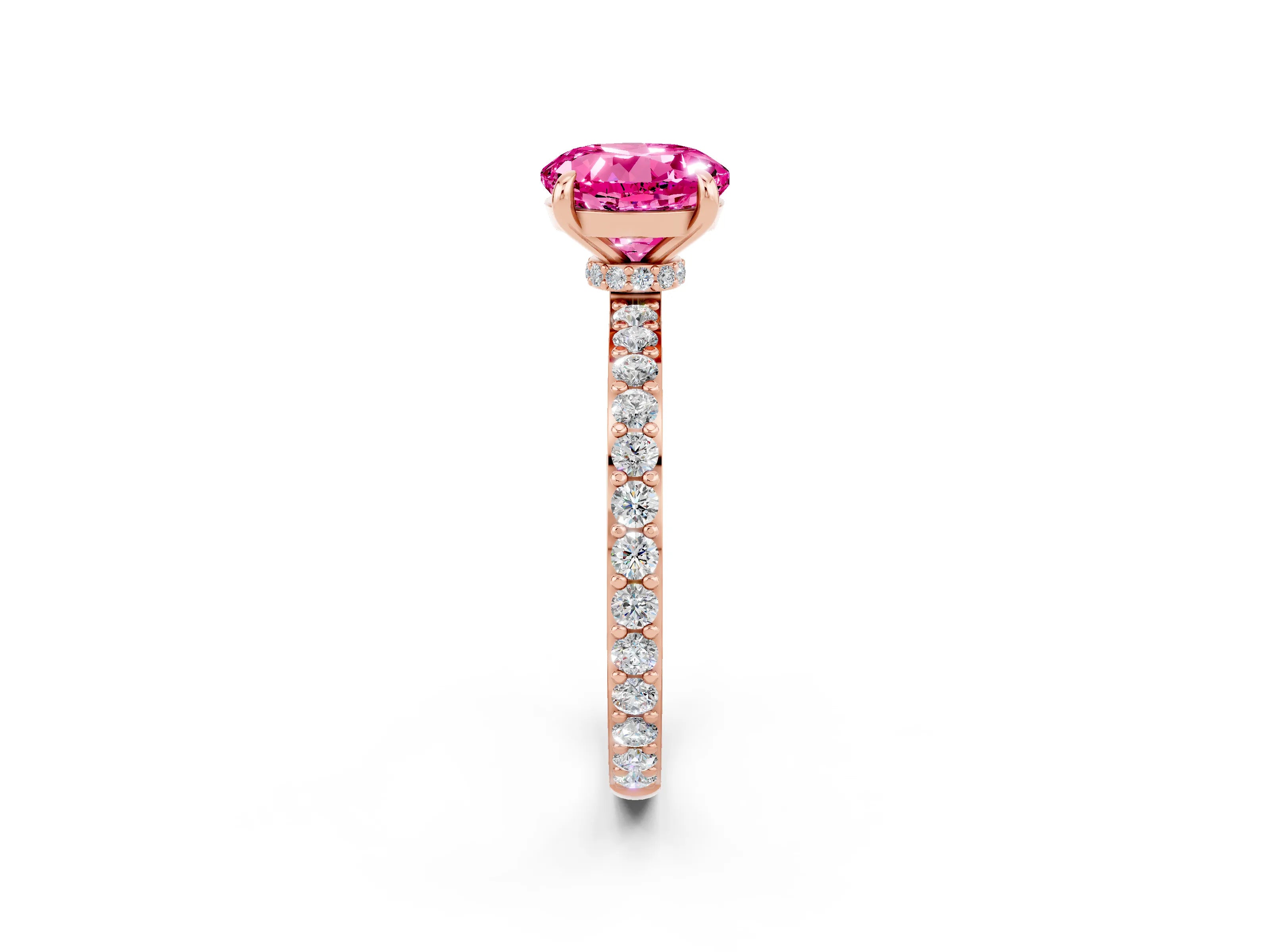Rose gold Round Cut Pink Sapphire Solitaire Engagement Ring with Pavé Band and Four-Prong Setting_26