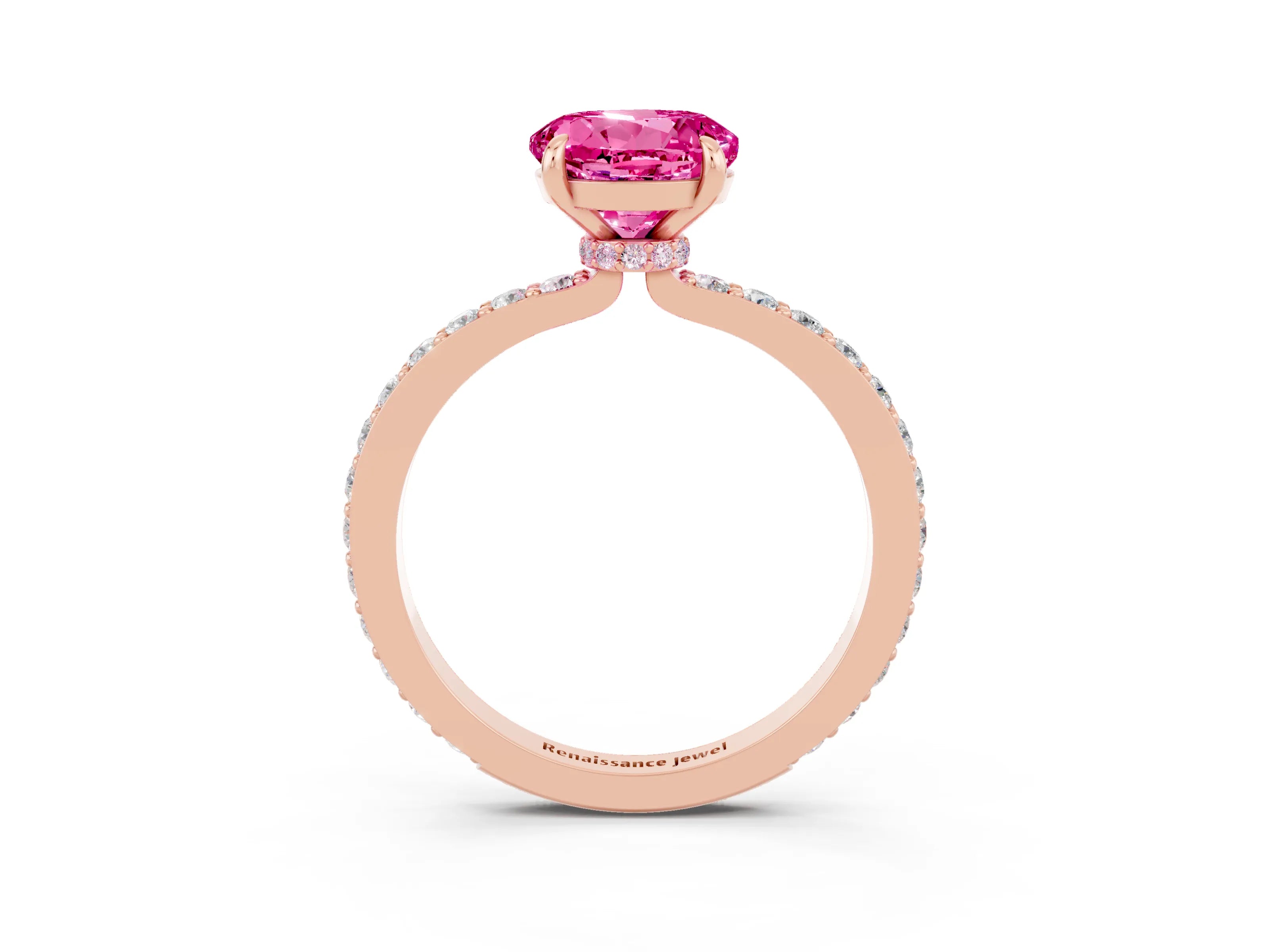 Rose gold Round Cut Pink Sapphire Solitaire Engagement Ring with Pavé Band and Four-Prong Setting_27
