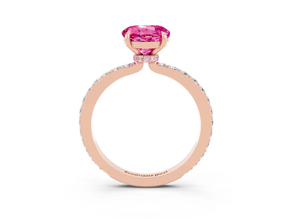 Rose gold Round Cut Pink Sapphire Solitaire Engagement Ring with Pavé Band and Four-Prong Setting