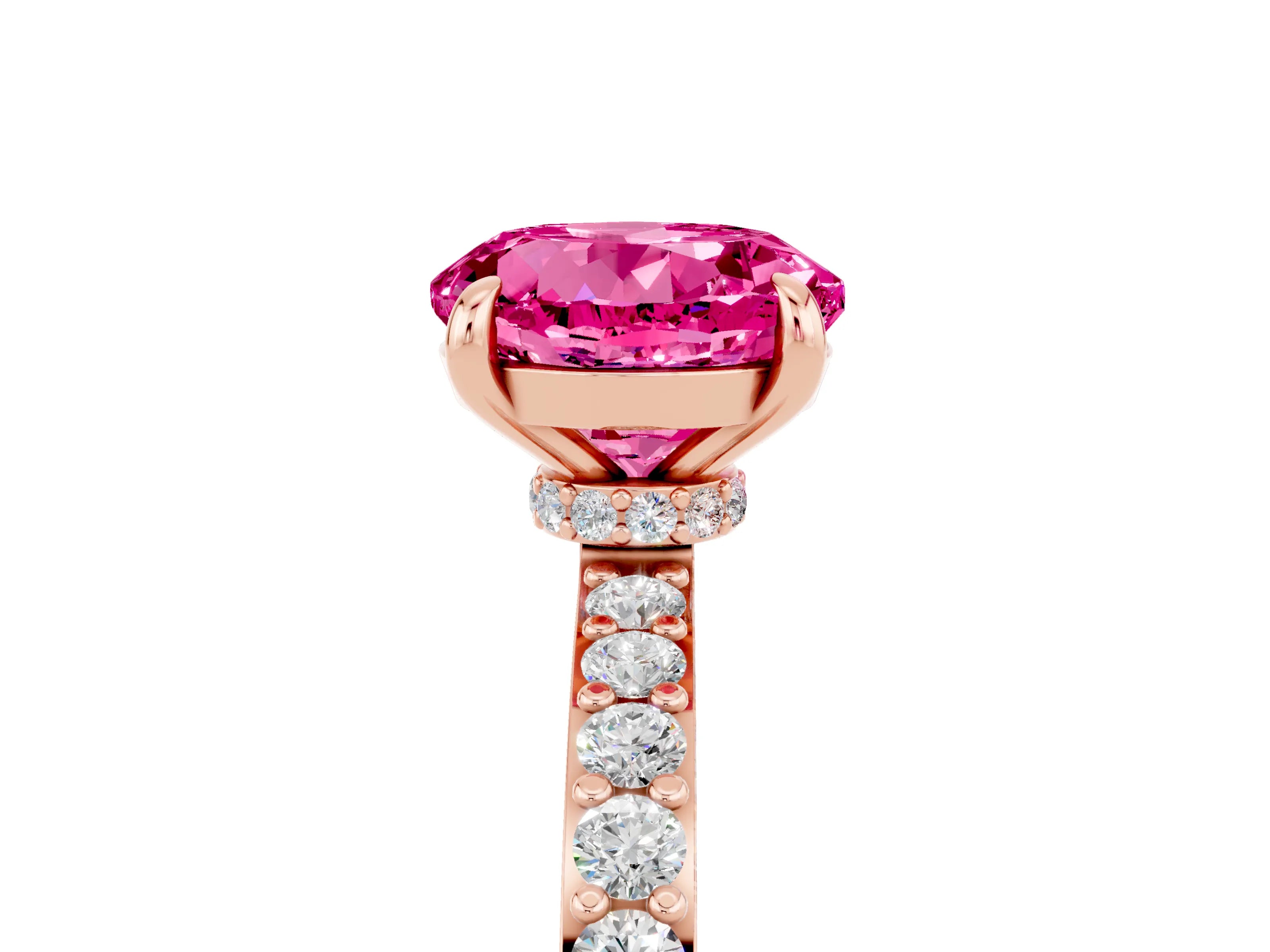 Rose gold Round Cut Pink Sapphire Solitaire Engagement Ring with Pavé Band and Four-Prong Setting_29