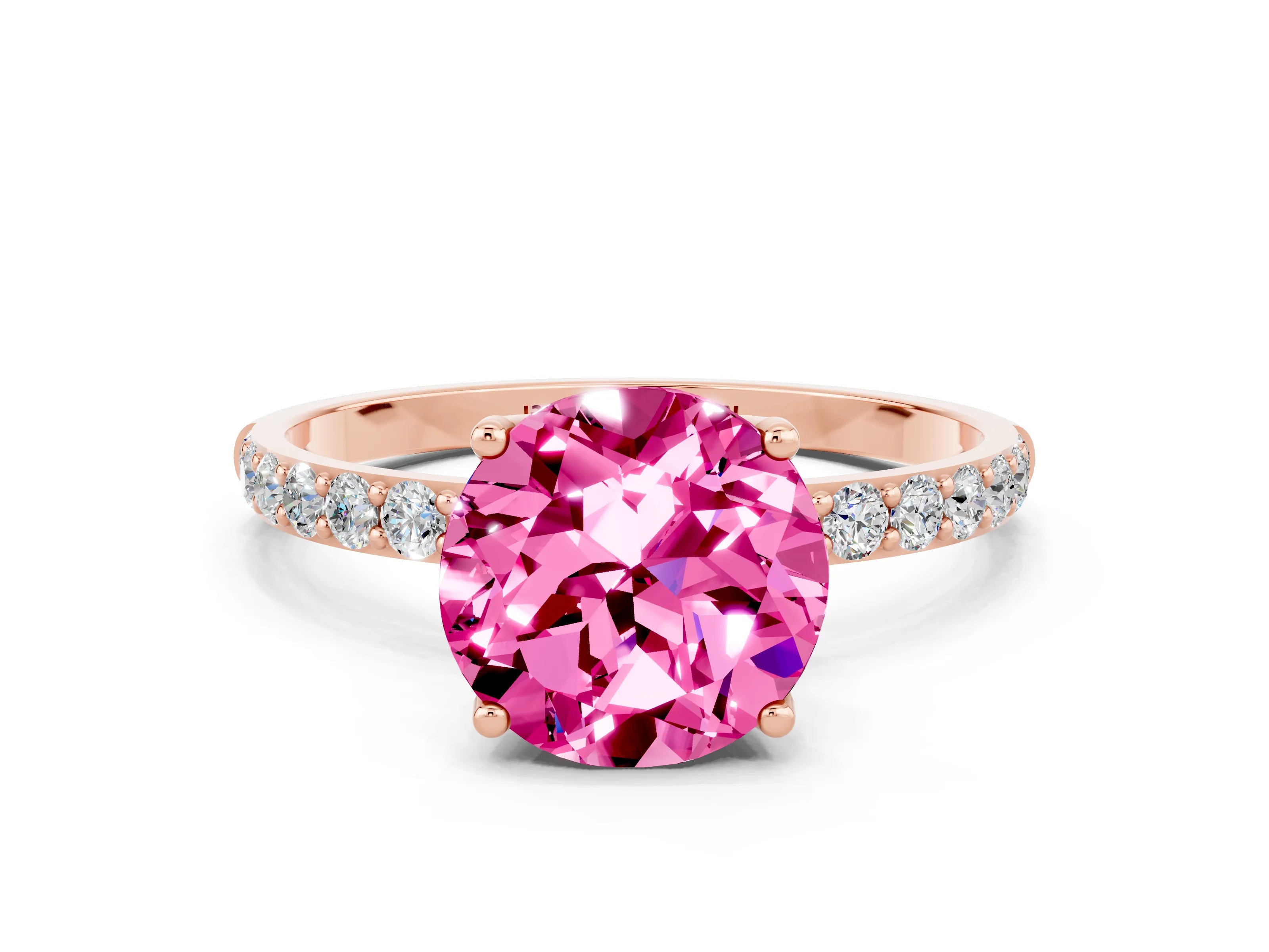 Rose gold Round Cut Pink Sapphire Solitaire Engagement Ring with Pavé Band and Prong Setting