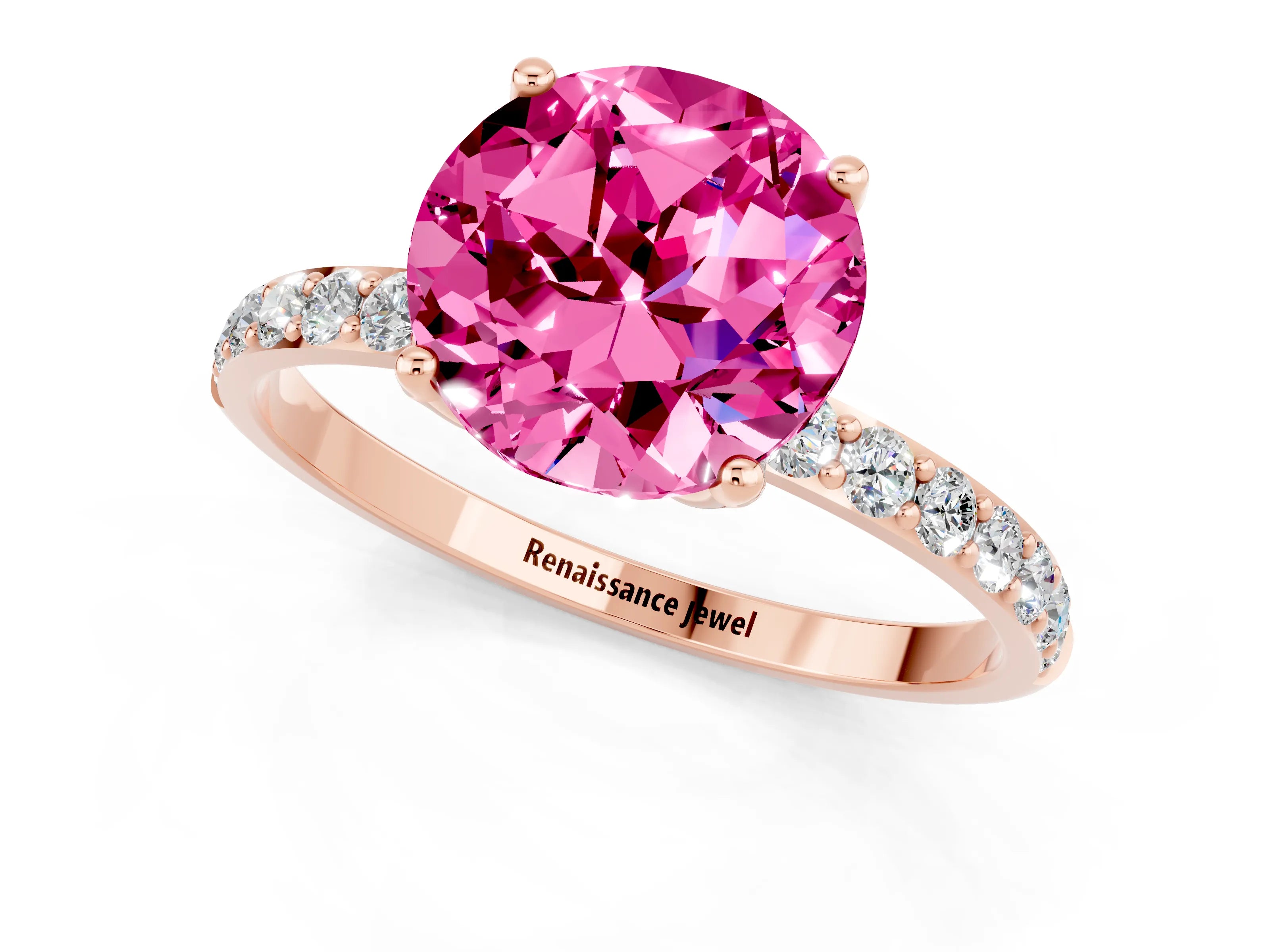 Rose gold Round Cut Pink Sapphire Solitaire Engagement Ring with Pavé Band and Prong Setting_1