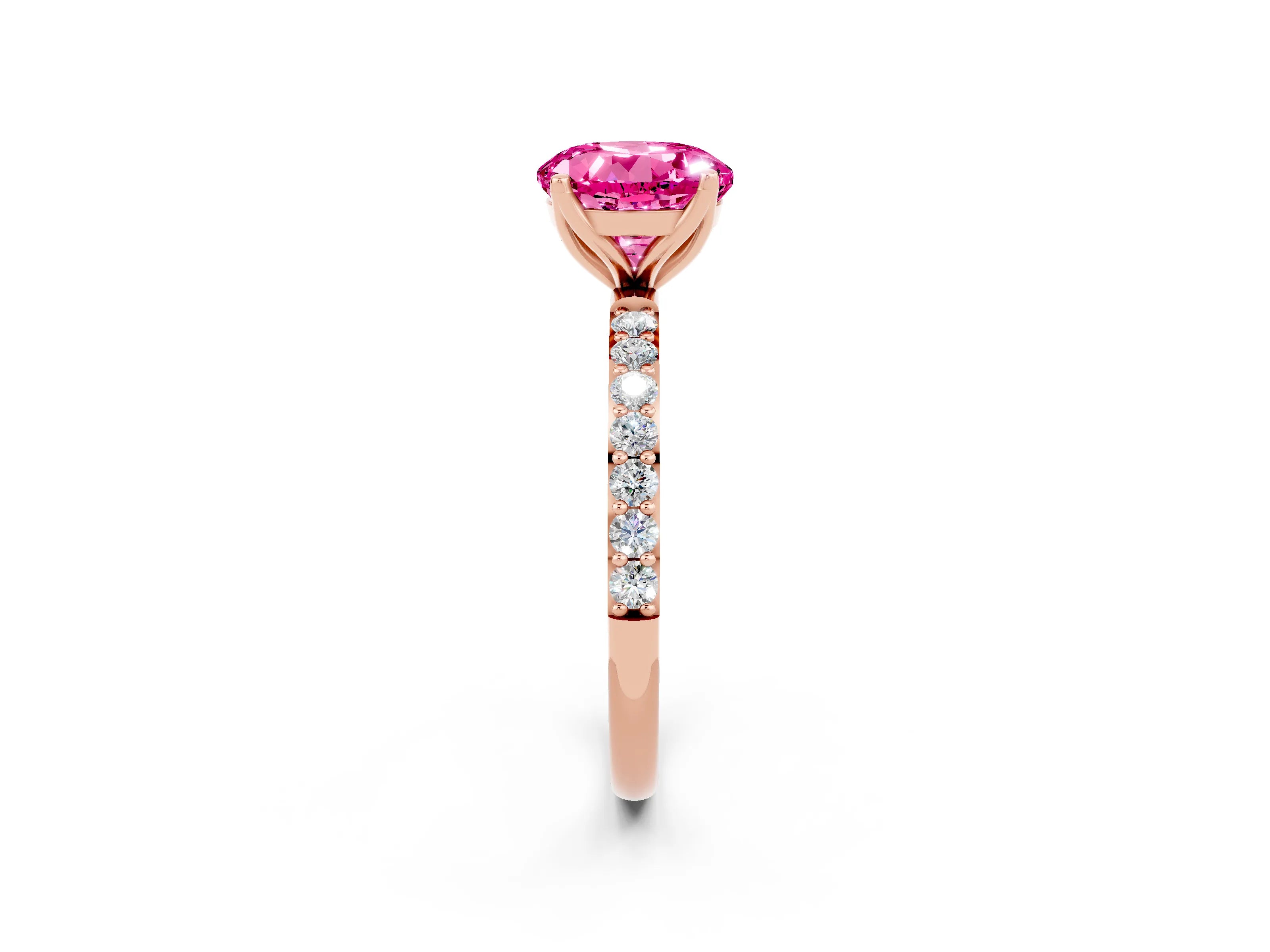 Rose gold Round Cut Pink Sapphire Solitaire Engagement Ring with Pavé Band and Prong Setting_2