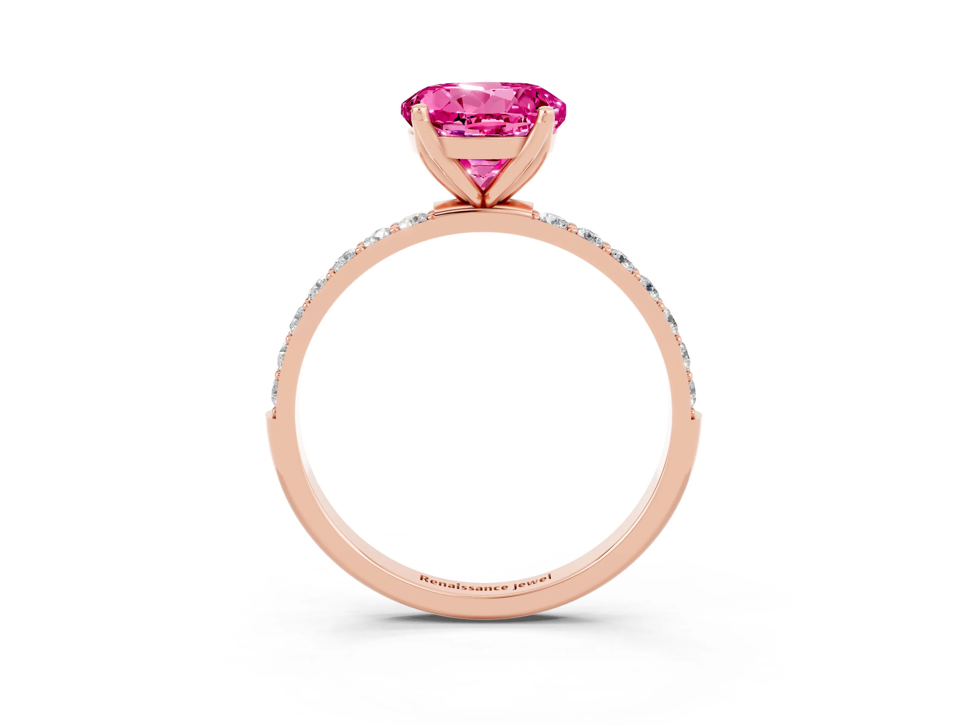 Rose gold Round Cut Pink Sapphire Solitaire Engagement Ring with Pavé Band and Prong Setting_3