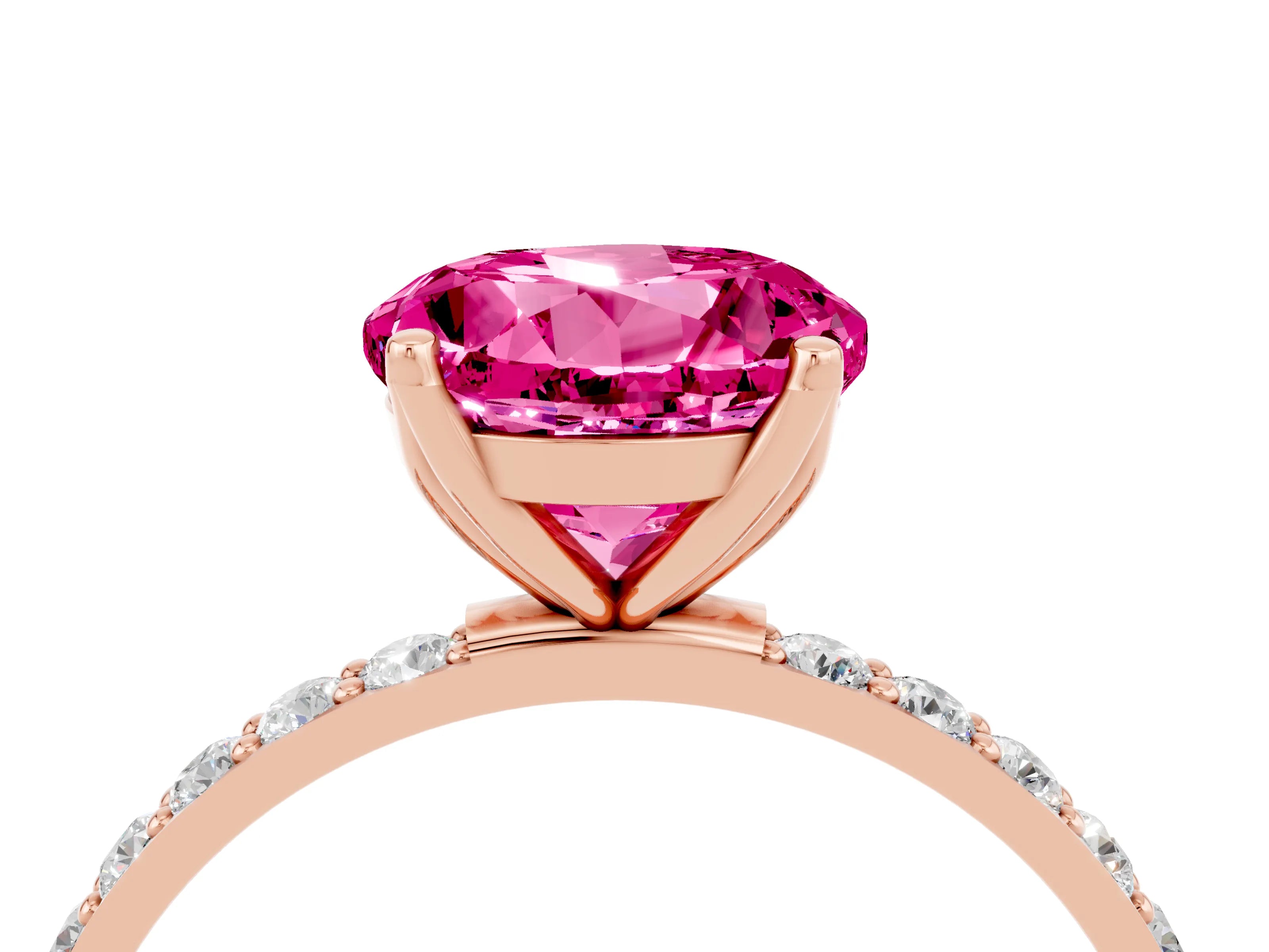 Rose gold Round Cut Pink Sapphire Solitaire Engagement Ring with Pavé Band and Prong Setting_4