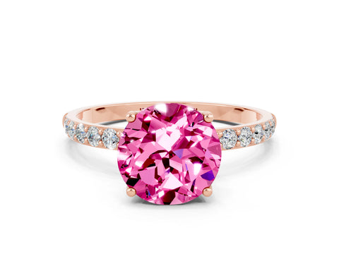 Rose gold Round Cut Pink Sapphire Solitaire Engagement Ring with Pavé Band and Prong Setting