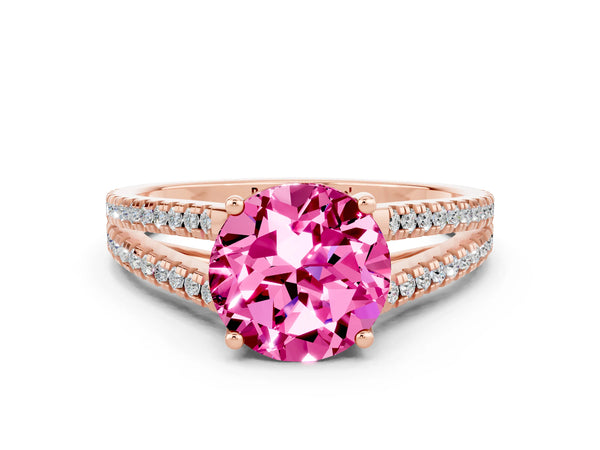 Rose gold Round Cut Pink Sapphire Solitaire Engagement Ring with Split Shank Pavé Band