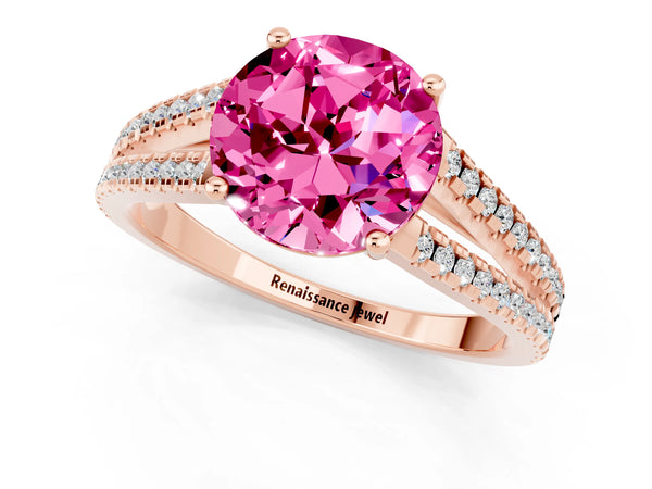 Rose gold Round Cut Pink Sapphire Solitaire Engagement Ring with Split Shank Pavé Band