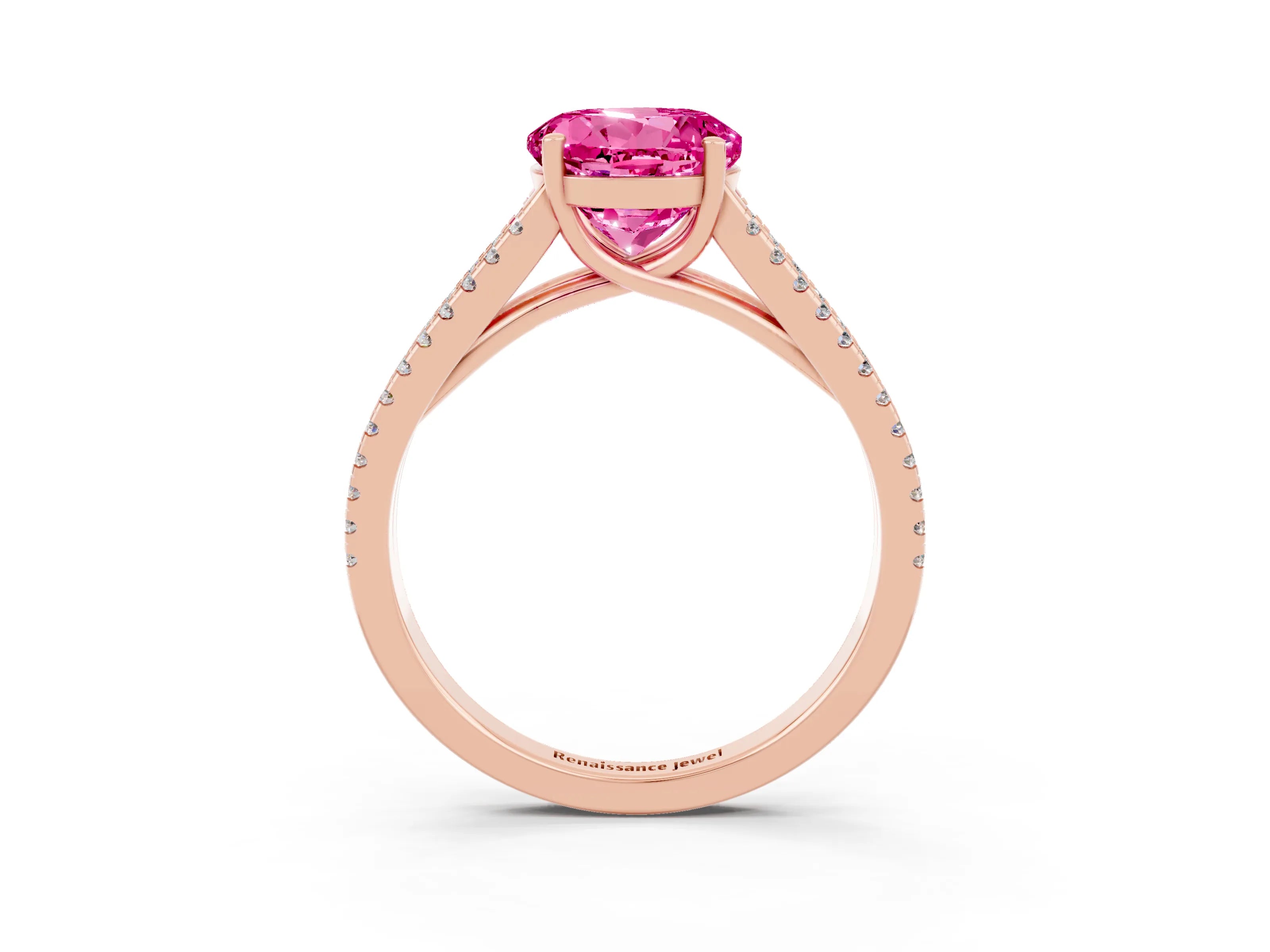 Rose gold Round Cut Pink Sapphire Solitaire Engagement Ring with Split Shank Pavé Band_15