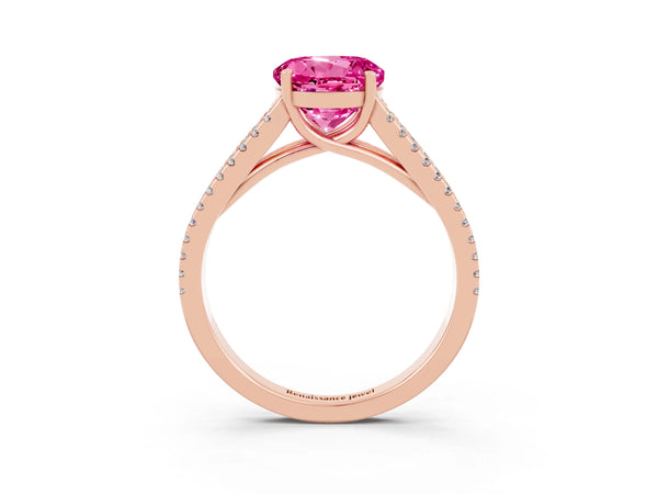 Rose gold Round Cut Pink Sapphire Solitaire Engagement Ring with Split Shank Pavé Band