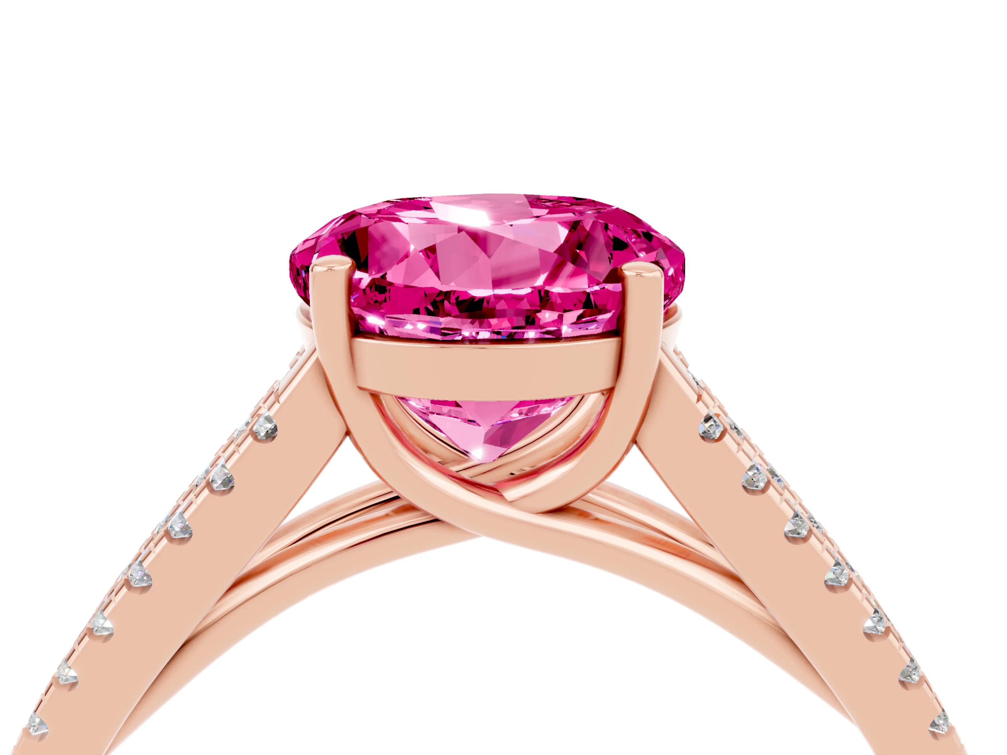 Rose gold Round Cut Pink Sapphire Solitaire Engagement Ring with Split Shank Pavé Band_16