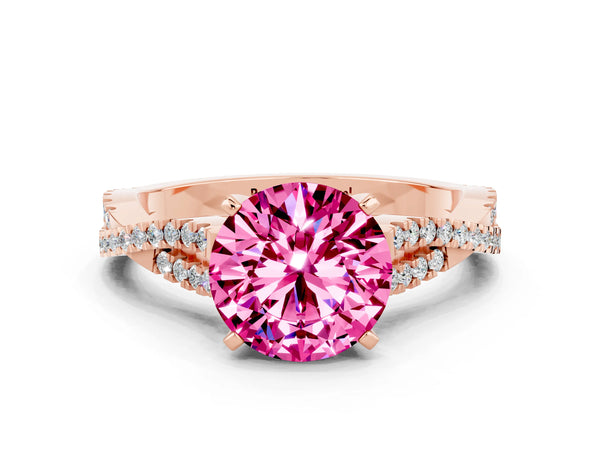 Rose gold Round Cut Pink Sapphire Solitaire Engagement Ring with Twisted Pavé Band and Four-Prong Setting