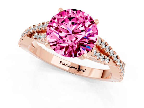 Rose gold Round Cut Pink Sapphire Solitaire Engagement Ring with Twisted Pavé Band and Four-Prong Setting