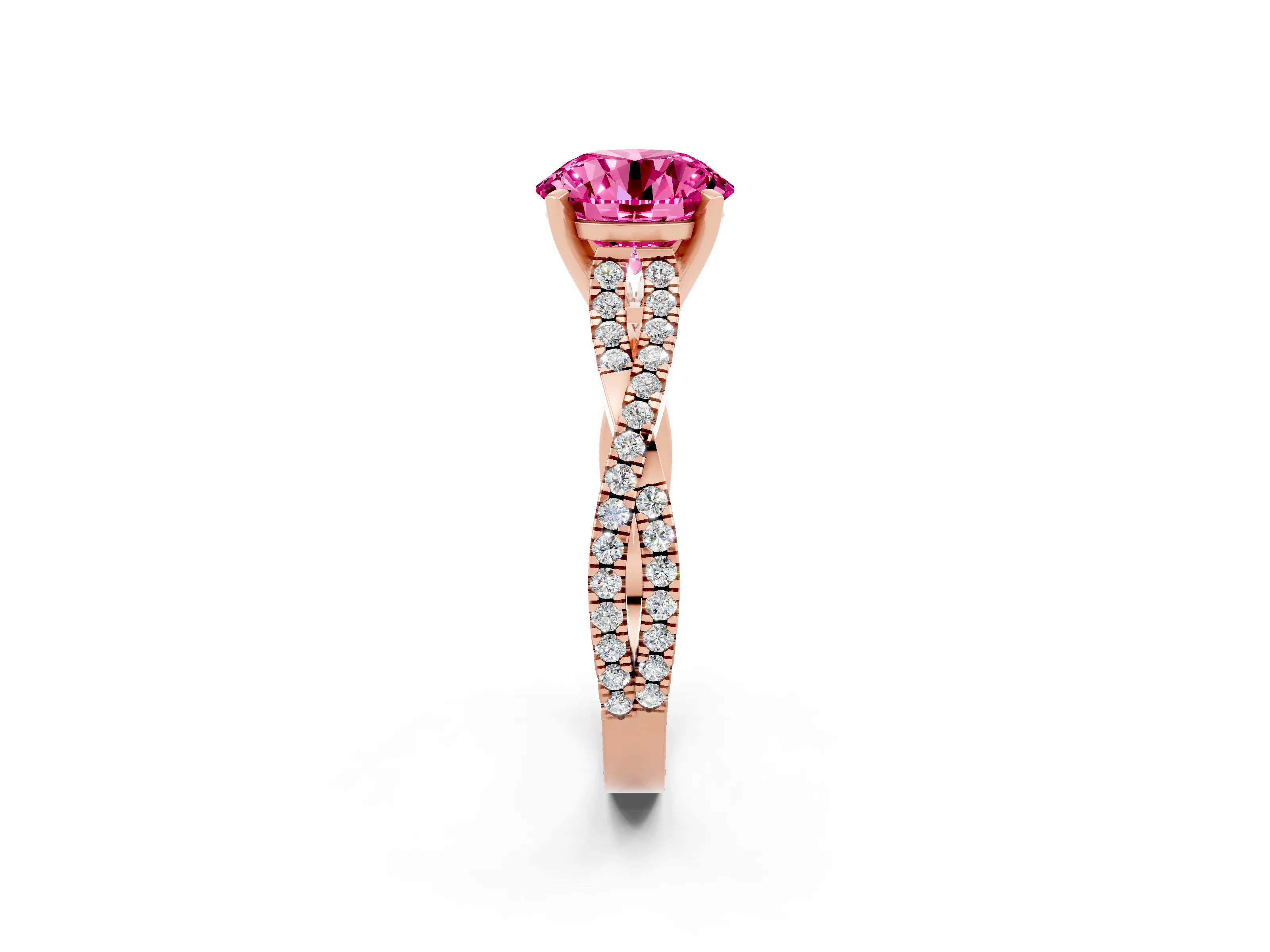 Rose gold Round Cut Pink Sapphire Solitaire Engagement Ring with Twisted Pavé Band and Four-Prong Setting_14