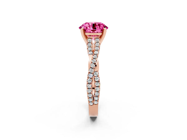 Rose gold Round Cut Pink Sapphire Solitaire Engagement Ring with Twisted Pavé Band and Four-Prong Setting