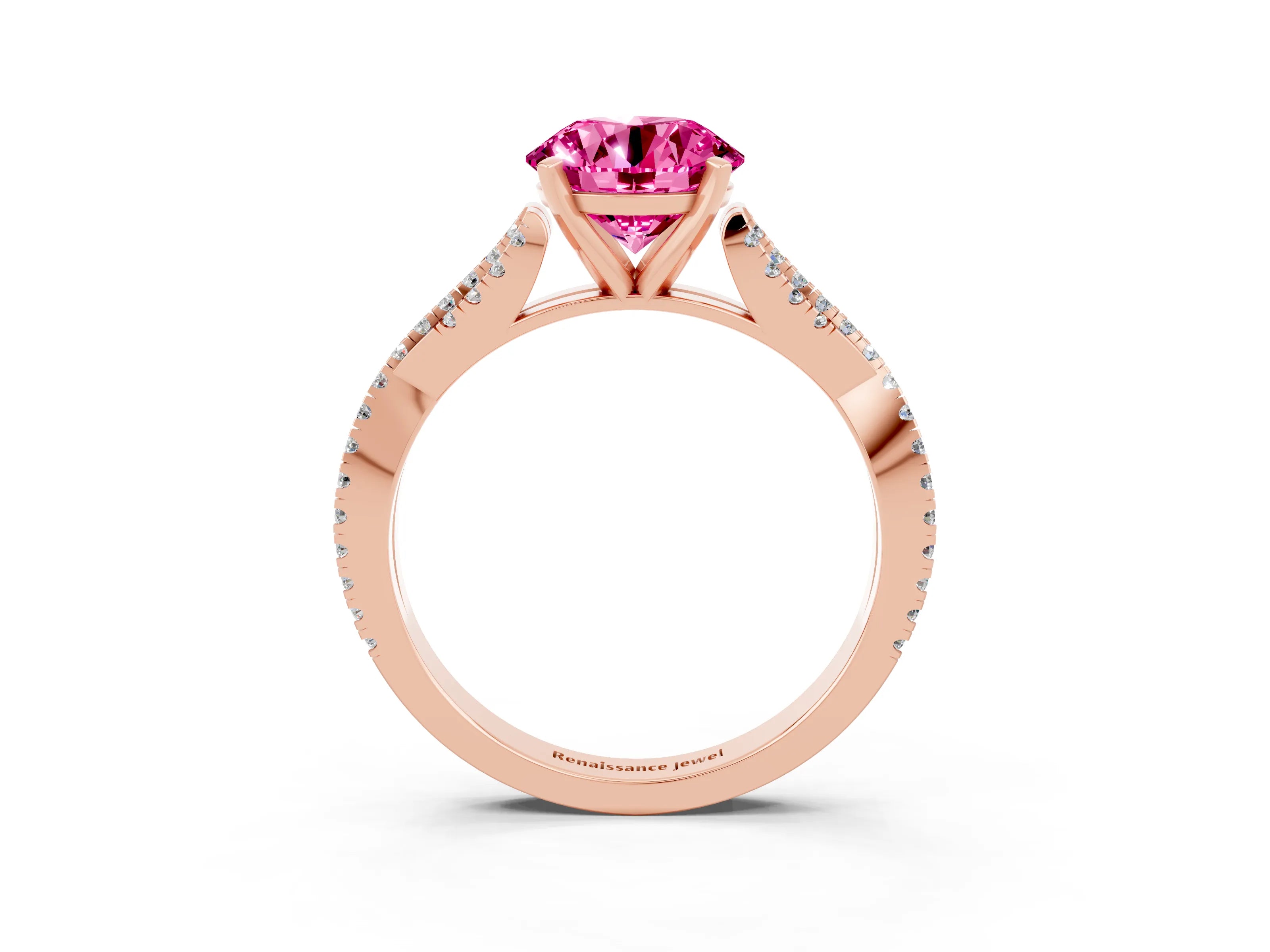 Rose gold Round Cut Pink Sapphire Solitaire Engagement Ring with Twisted Pavé Band and Four-Prong Setting_15