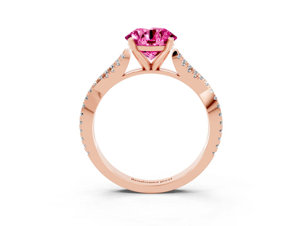 Rose gold Round Cut Pink Sapphire Solitaire Engagement Ring with Twisted Pavé Band and Four-Prong Setting
