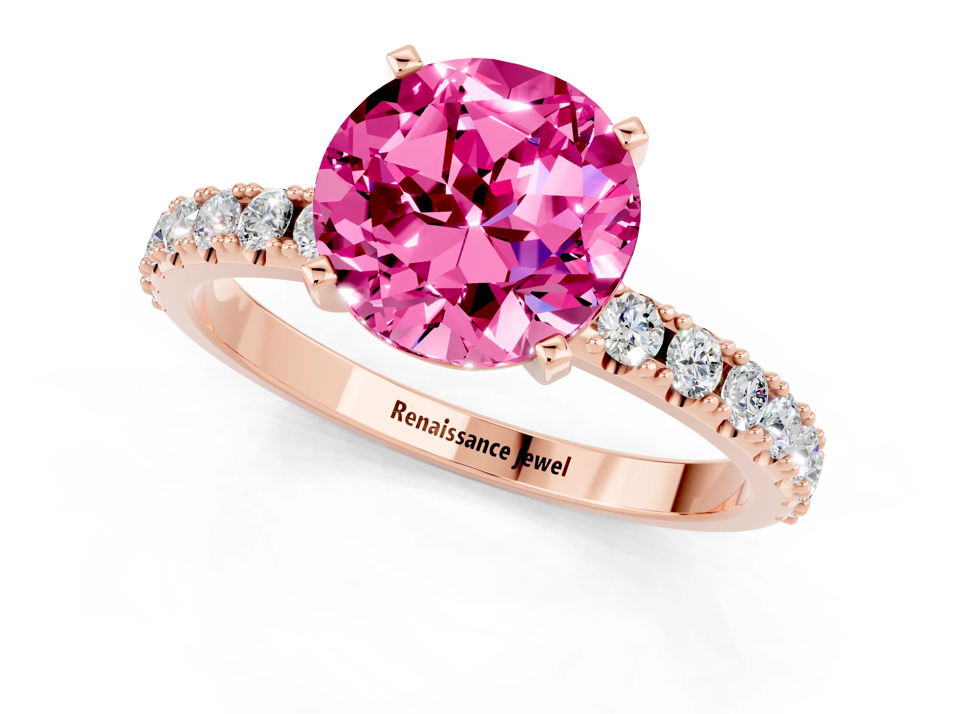 Rose gold Round Cut Pink Sapphire Solitaire Pavé Band with Four-Prong Setting_25