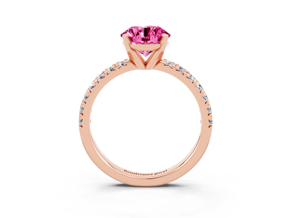 Rose gold Round Cut Pink Sapphire Solitaire Pavé Engagement Ring with Round Band and Prong Setting
