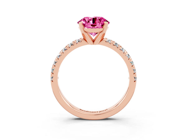 Rose gold Round Cut Pink Sapphire Solitaire Pavé Engagement Ring with Round Band and Prong Setting