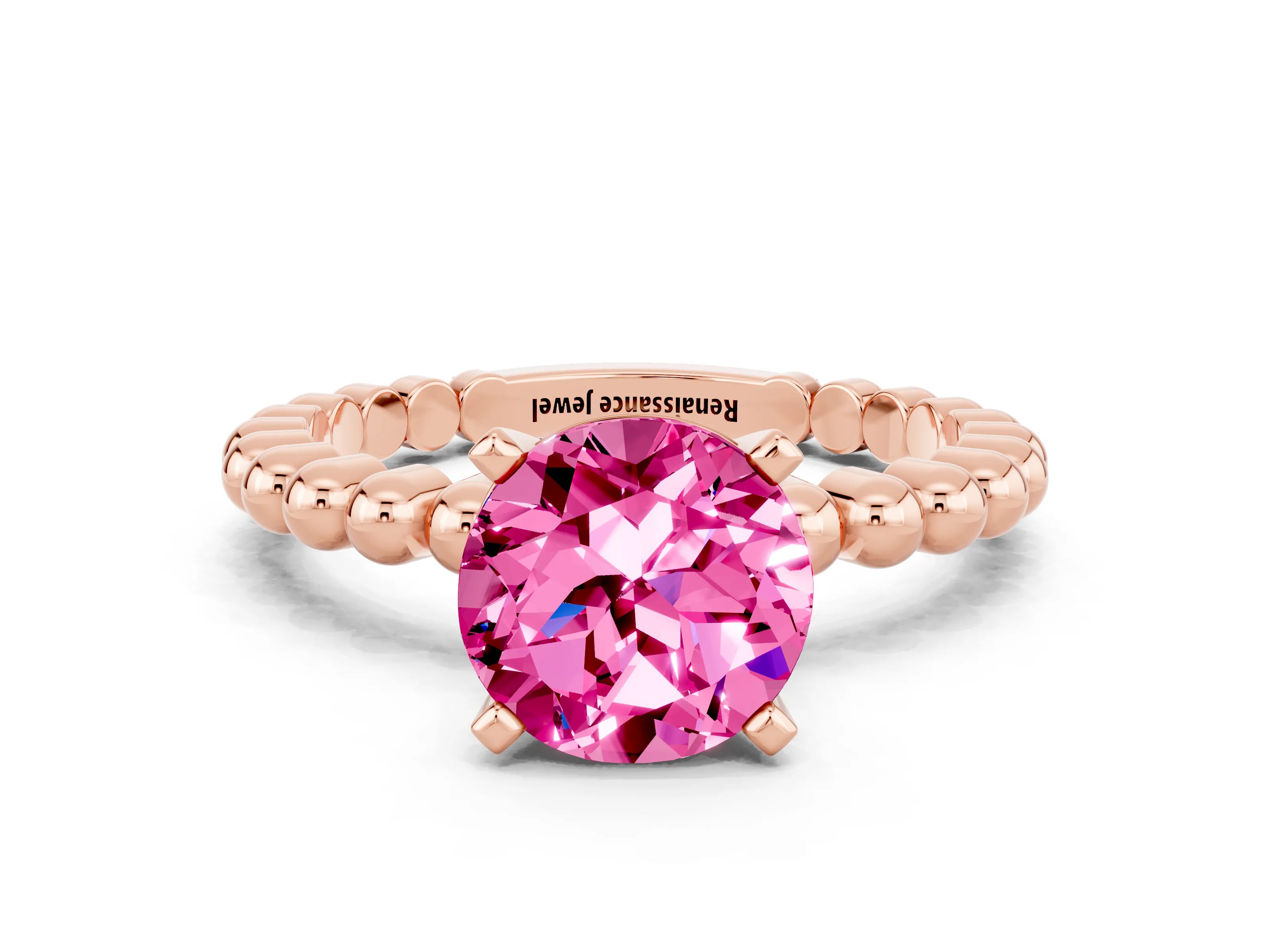 Rose gold Round Cut Pink Sapphire Solitaire Ring with Beaded Band and Prong Setting