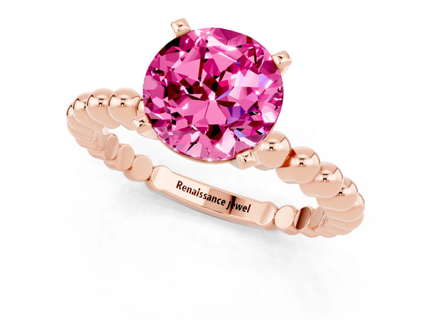Rose gold Round Cut Pink Sapphire Solitaire Ring with Beaded Band and Prong Setting