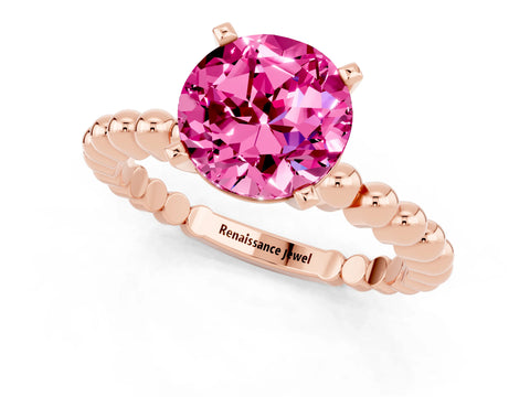Rose gold Round Cut Pink Sapphire Solitaire Ring with Beaded Band and Prong Setting_1