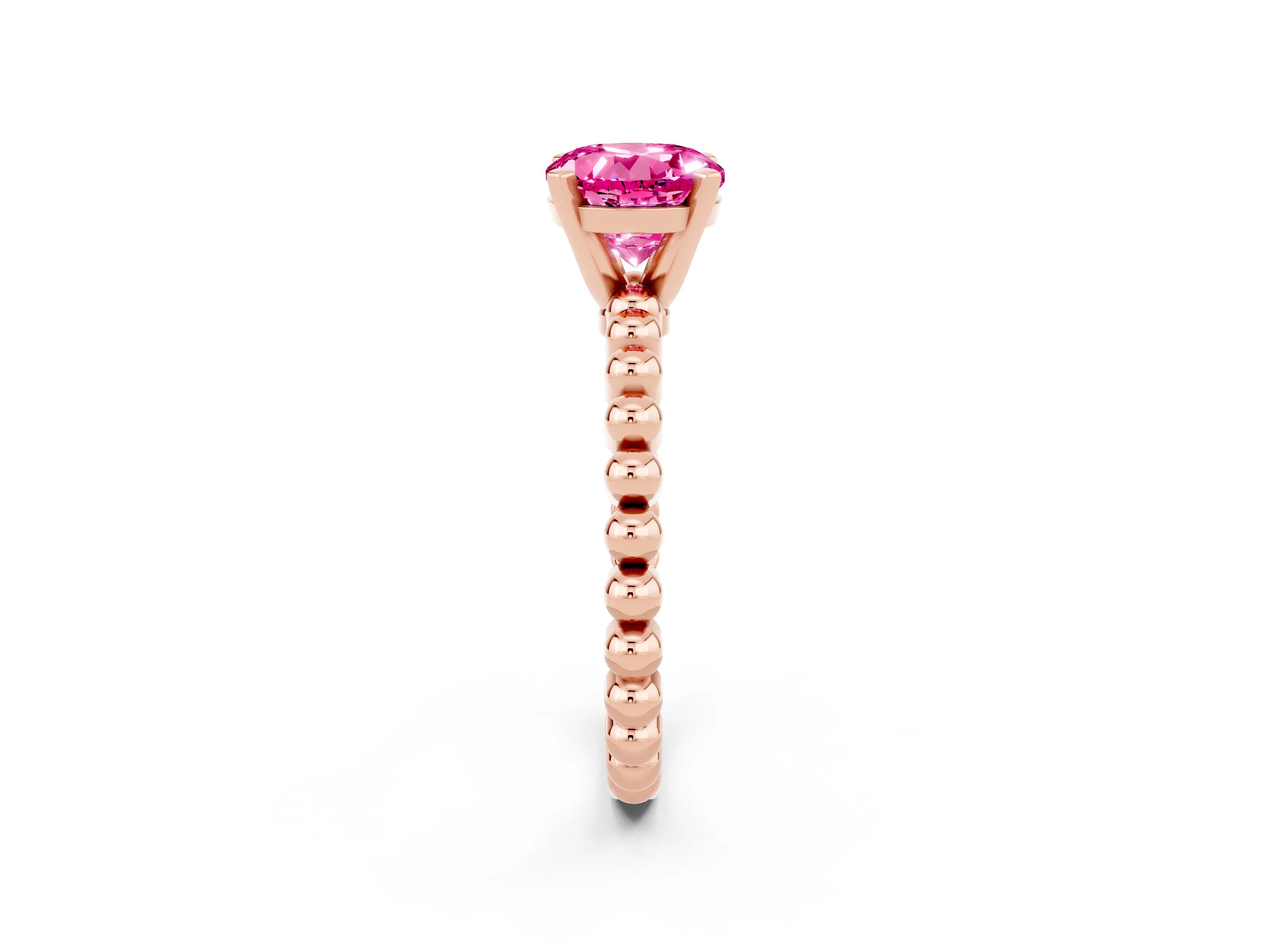 Rose gold Round Cut Pink Sapphire Solitaire Ring with Beaded Band and Prong Setting_2