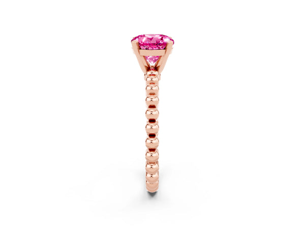 Rose gold Round Cut Pink Sapphire Solitaire Ring with Beaded Band and Prong Setting