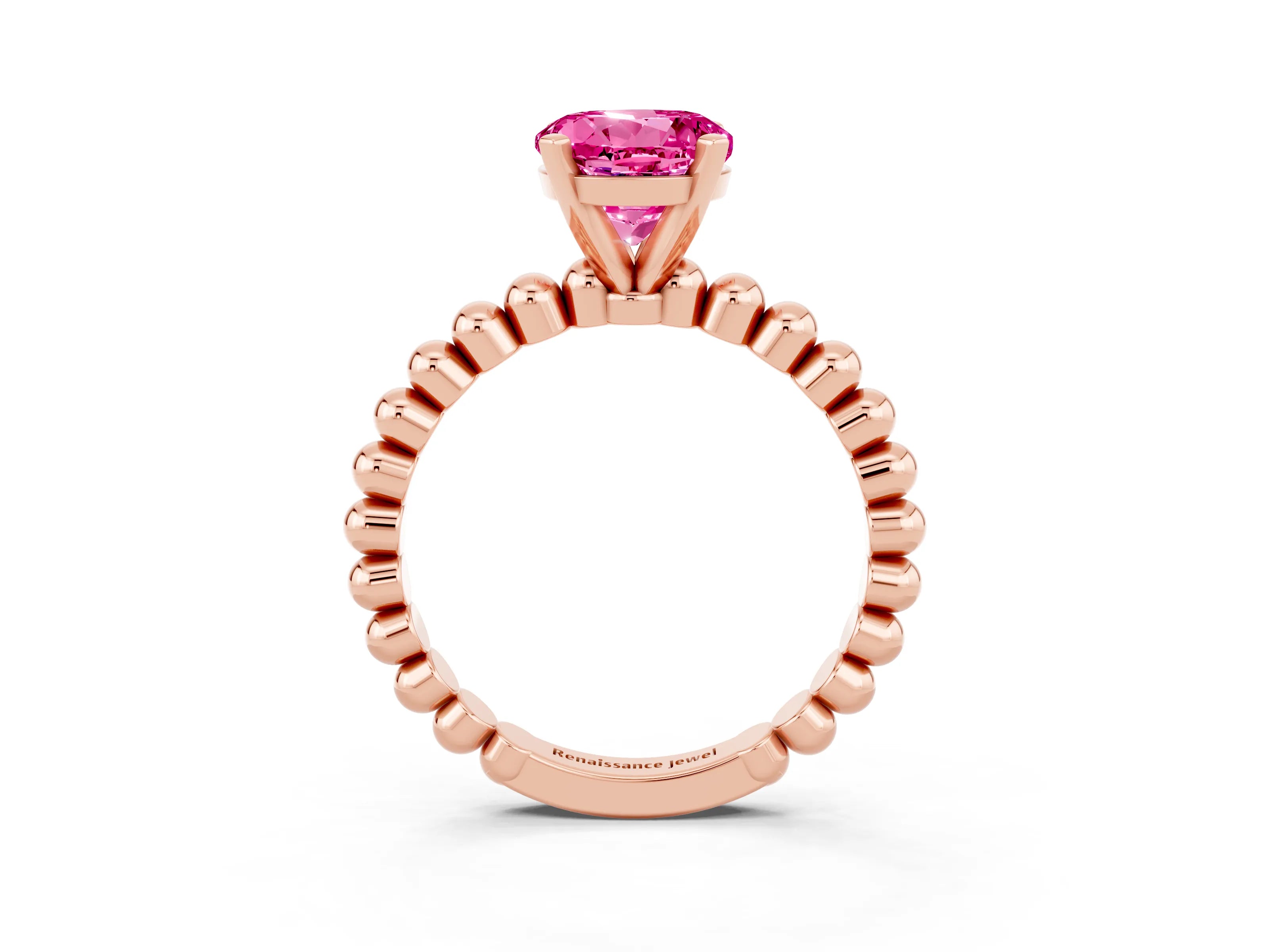 Rose gold Round Cut Pink Sapphire Solitaire Ring with Beaded Band and Prong Setting_3