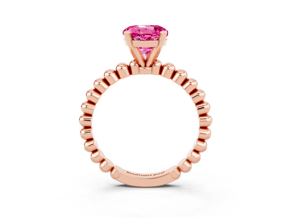 Rose gold Round Cut Pink Sapphire Solitaire Ring with Beaded Band and Prong Setting