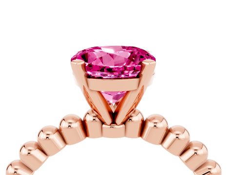 Rose gold Round Cut Pink Sapphire Solitaire Ring with Beaded Band and Prong Setting_4