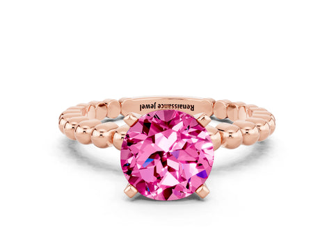 Rose gold Round Cut Pink Sapphire Solitaire Ring with Beaded Band and Prong Setting