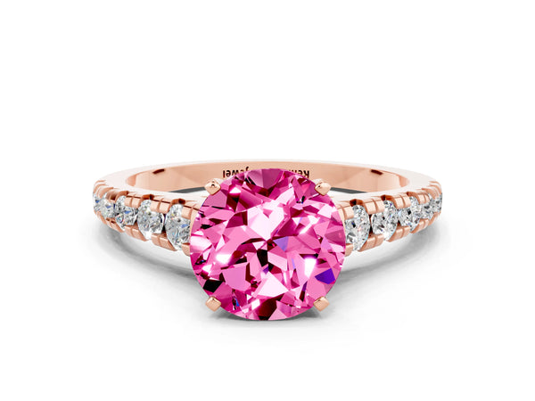 Rose gold Round Cut Pink Sapphire Cathedral Solitaire Ring with Round  Pavé Band