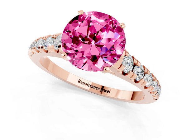 Rose gold Round Cut Pink Sapphire Cathedral Solitaire Ring with Round  Pavé Band