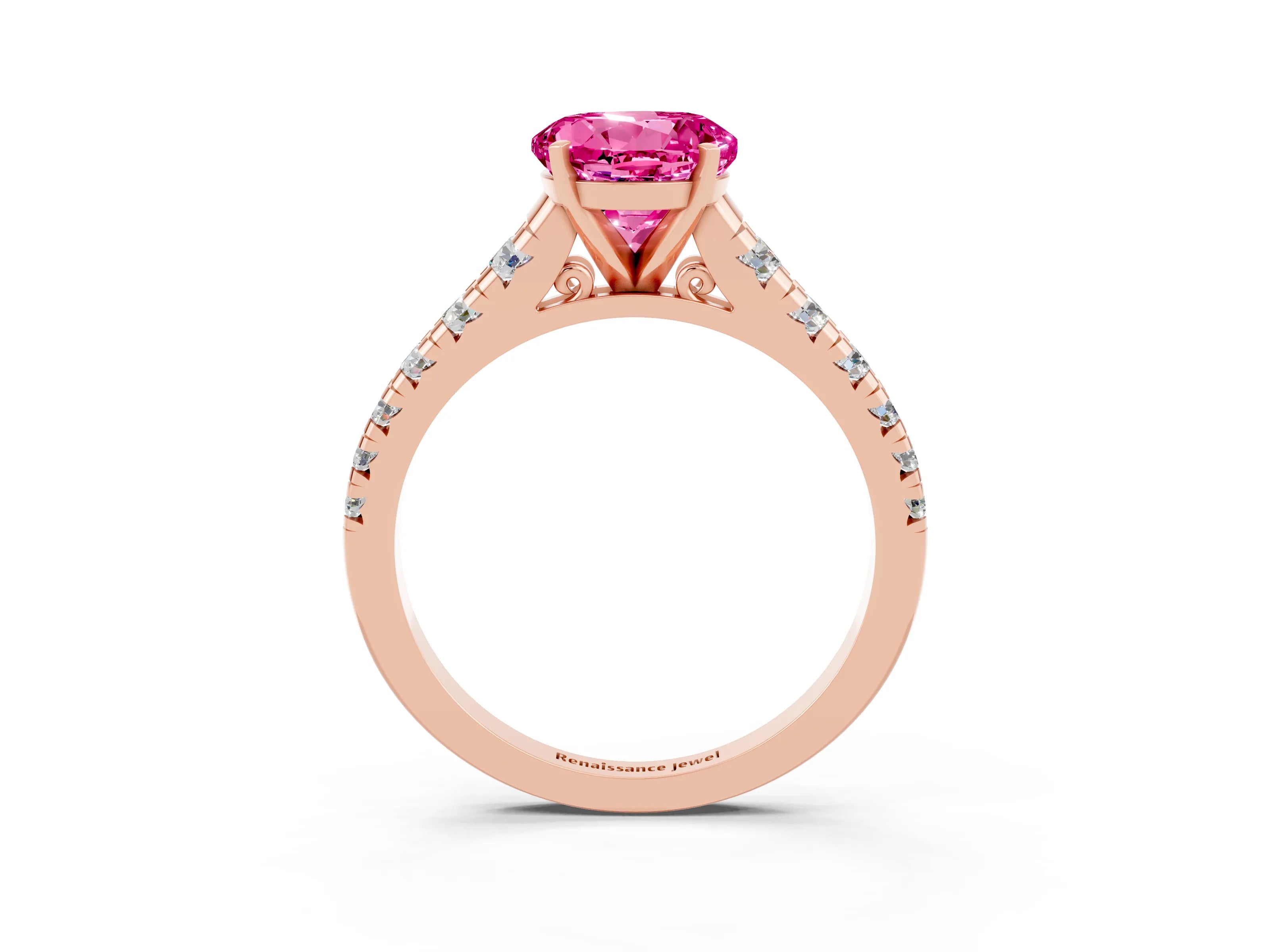 Rose gold Round Cut Pink Sapphire Solitaire Ring with Cathedral Setting and Pavé Band_27