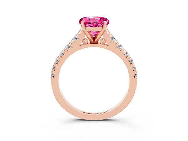 Rose gold Round Cut Pink Sapphire Cathedral Solitaire Ring with Round  Pavé Band