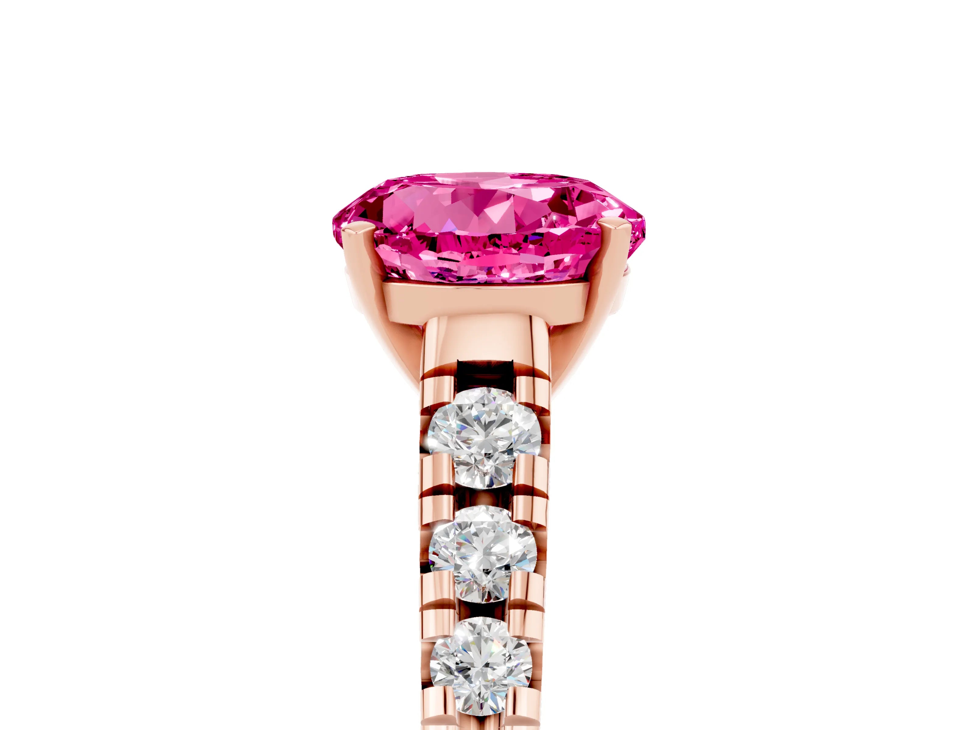 Rose gold Round Cut Pink Sapphire Solitaire Ring with Cathedral Setting and Pavé Band_29