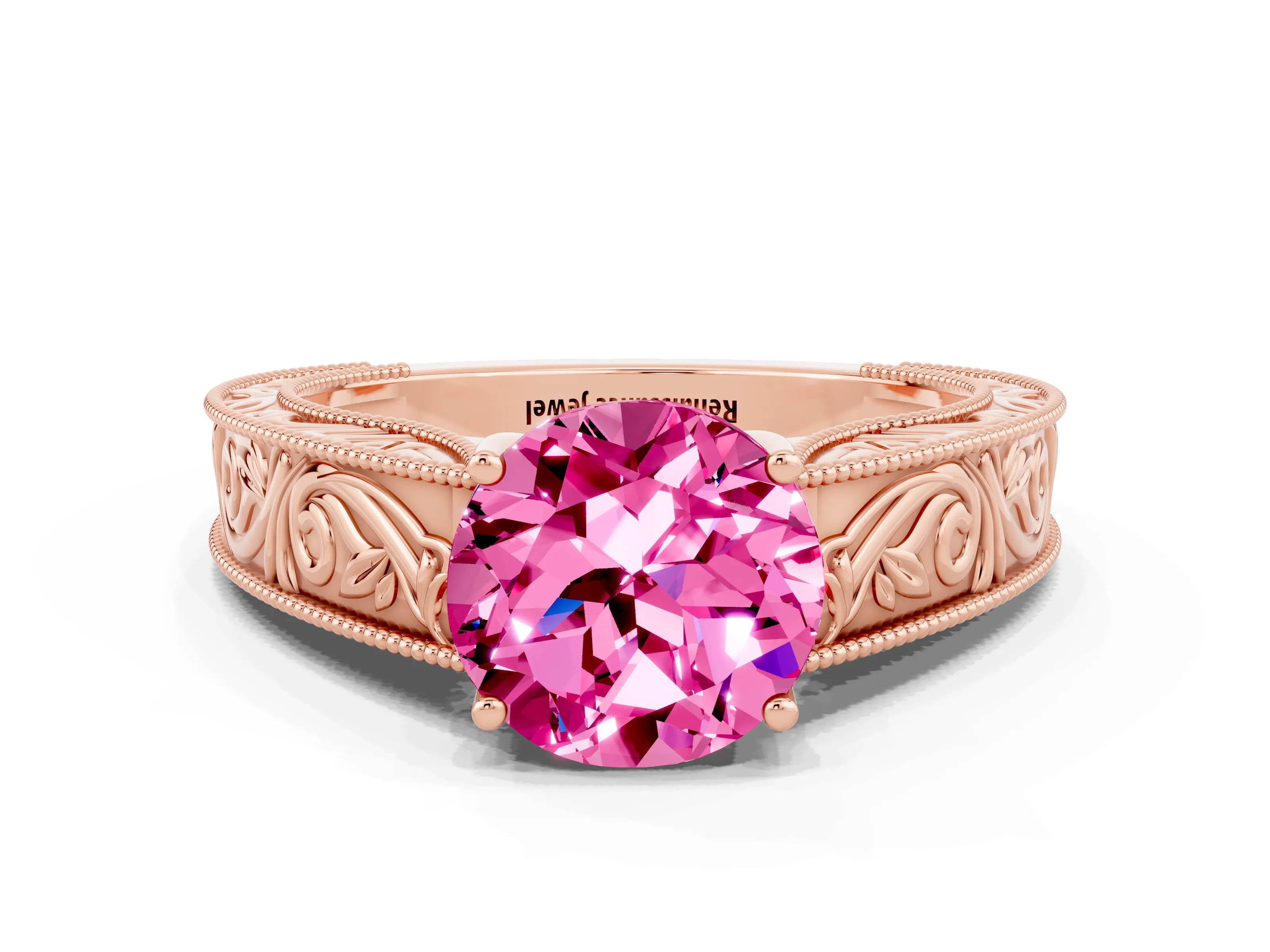 Rose gold Round Cut Pink Sapphire Solitaire Ring with Engraved Band and Four-Prong Setting
