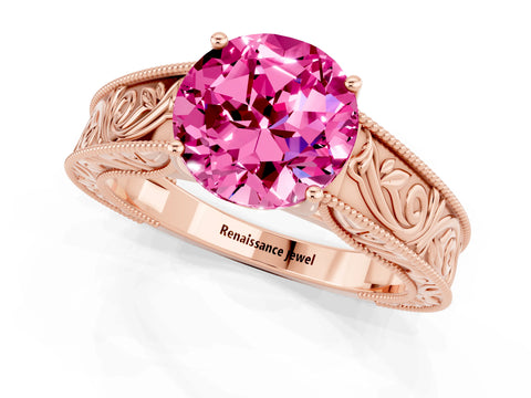 Rose gold Round Cut Pink Sapphire Solitaire Ring with Engraved Band and Four-Prong Setting_1